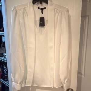 Maje White Puff Sleeve Blouse with Mandarin Collar
